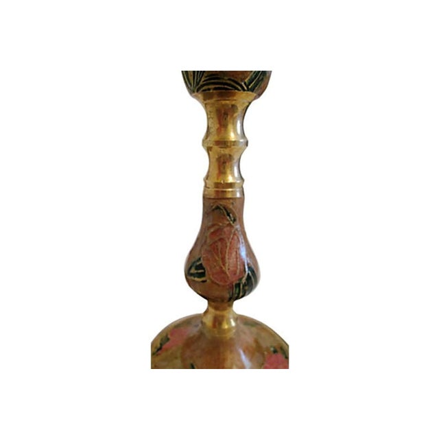 Chinoiserie 1980s Asian Cloisonné Floral Candle Holders - a Pair For Sale - Image 3 of 6