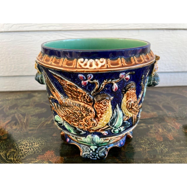 Antique Majolica Bird Planter Cache Pot Jardinière Cobalt Blue Wasmuël c1890. Direct from Europe, a striking antique...