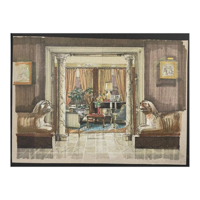 Original Interiors Drawing on Paper by Interior Designer Margaret M Wilson, C 1989 For Sale