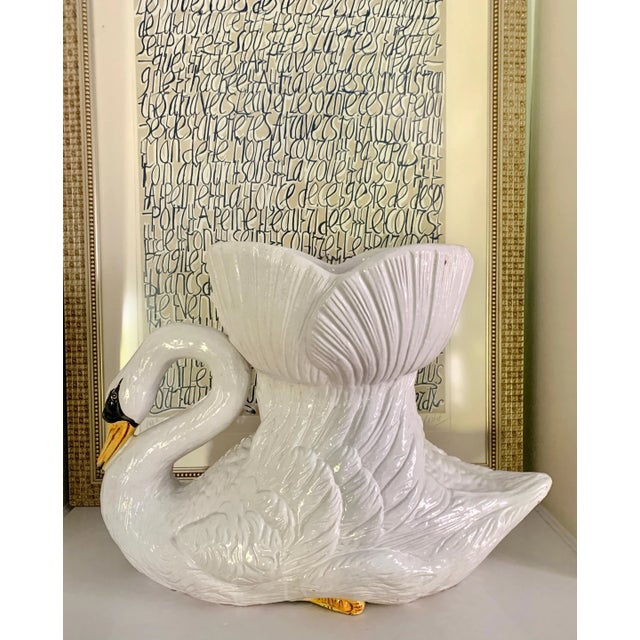 White Hand Painted Glazed Italian Terra Cotta Swan Planter Jardiniere For Sale - Image 8 of 13