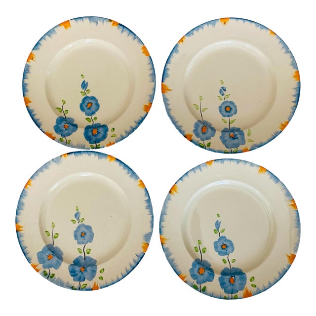 1930s Art Deco Swinnertons Pottery “Ivory” 8” Blue Plates, Set/4 For Sale