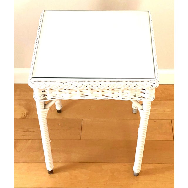 Wood Vintage Rectangular Wicker Side Table. Small. White With Glass Top. 1920’s. For Sale - Image 7 of 7