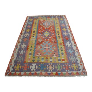 1980s Hand Woven Kilim Turkish Flat Weave Area Rug - 5′1″ × 8′2″ For Sale