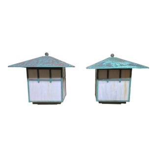 Stunning Pair of Artisan Copper & Slag Glass Mission/Arts & Crafts Table Lamps For Sale