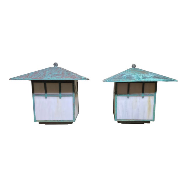 Stunning Pair of Artisan Copper & Slag Glass Mission/Arts & Crafts Table Lamps For Sale