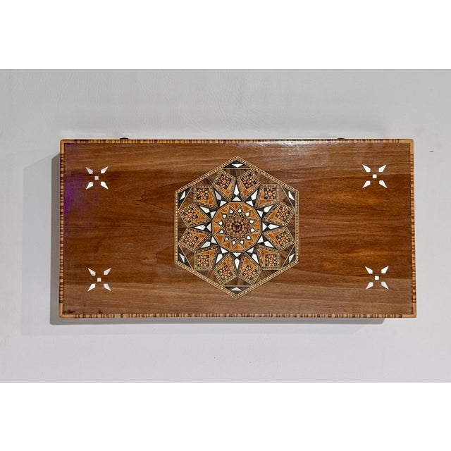 Vintage Handcrafted Damascus Marquetry Inlaid Wood Folding Backgammon Board Box For Sale - Image 4 of 10