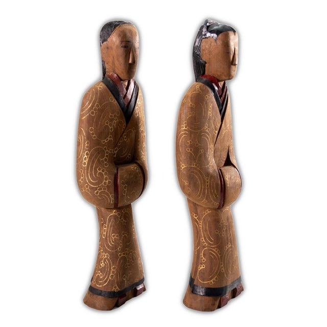 Pair of Vintage Chinese Wood Hand Painted Lacquer Figurine Sculptures Shanghai For Sale In Detroit - Image 6 of 14