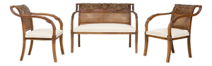 Louis XVI Style Carved Chestnut and Caned Settee with Armchairs, Early 20th Century, Set of 3