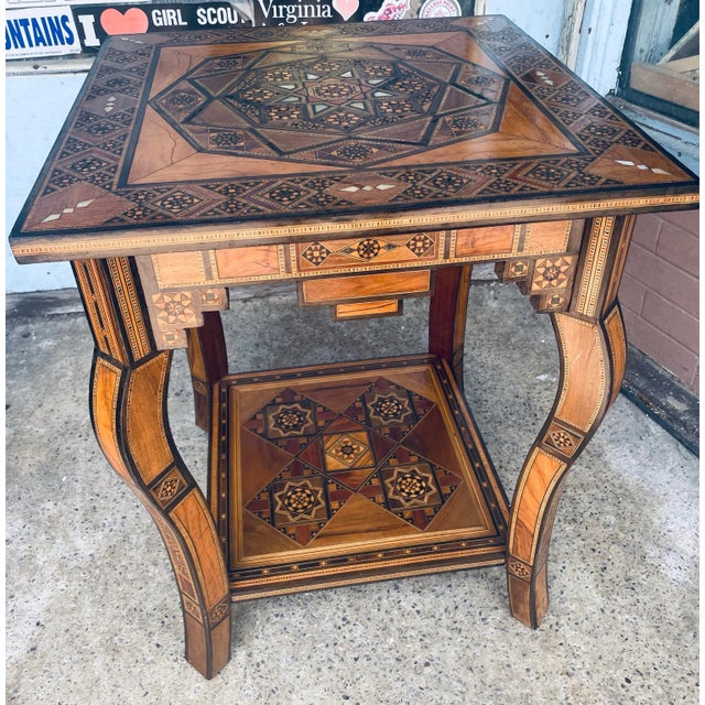 Mid 20th Century Moorish Mother of Pearl Wood Marquetry Inlay Occasional Side Square Tea Table For Sale - Image 12 of 12