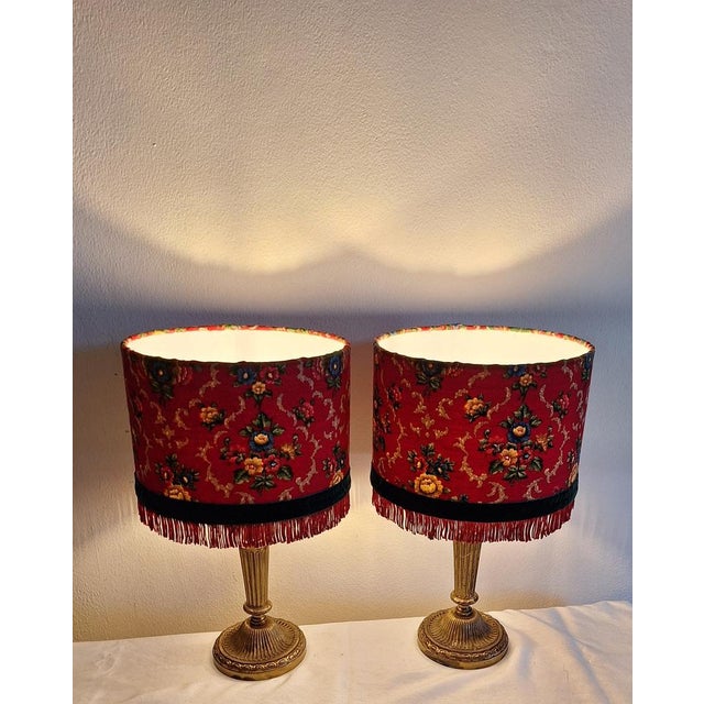 German Table Lamps with Ornate Brass Base and Red Patterned Fabric Shade from Lamplove, 1890s, Set of 2 For Sale - Image 4 of 9