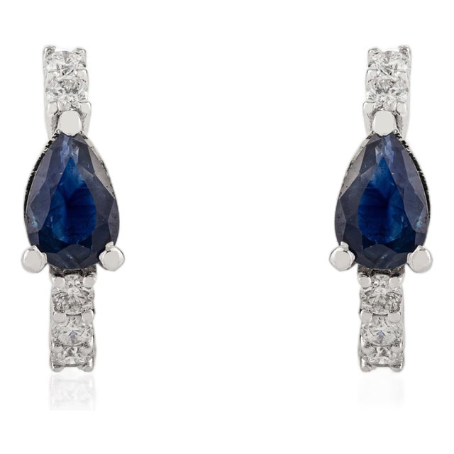18k White Gold 1 Ct Pear-Shaped Blue Sapphire & Diamond Chic Hoop Earrings- A Pair For Sale