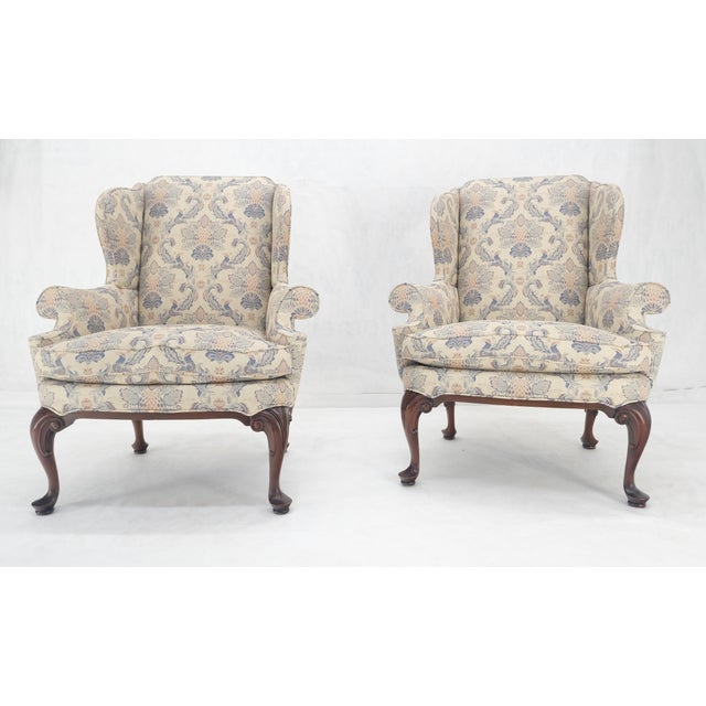 Baker Furniture Company Queen Ann Carved Walnut Bases Blue & White Upholstery Arm Chairs - A Pair For Sale - Image 4 of 12