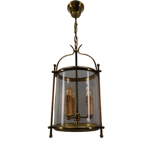 French Neoclassical Brass and Clear Glass Round Hanging Lantern, 1950s For Sale