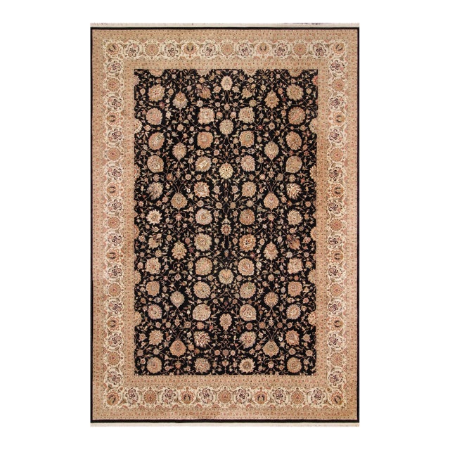 1990's Floral Pak-Persian Black/Ivory Wool&Silk Rug - 9'9'' X 13'9'' For Sale