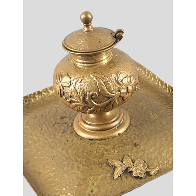 Arts & Crafts Antique Arts & Crafts Hand Hammered Bronze Butterfly Ladybug Floral Inkwell Trinket Tray For Sale - Image 3 of 7