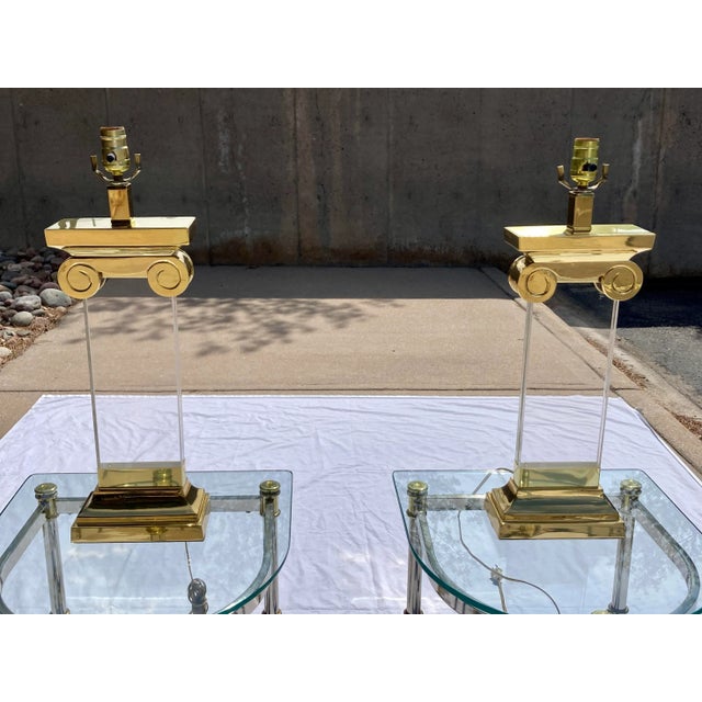 Lucite & Brass Ionic Column Table Lamps - a Pair For Sale - Image 10 of 13