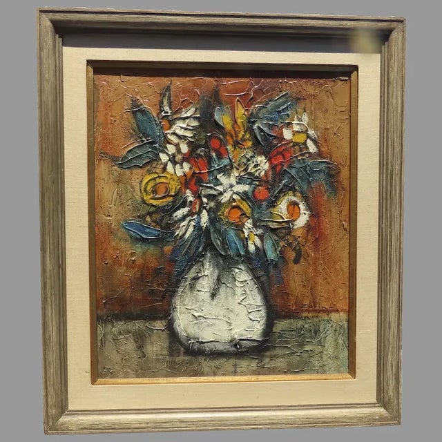 Mid 20th Century Floral Still Life Acrylic Painting, Framed For Sale - Image 13 of 13
