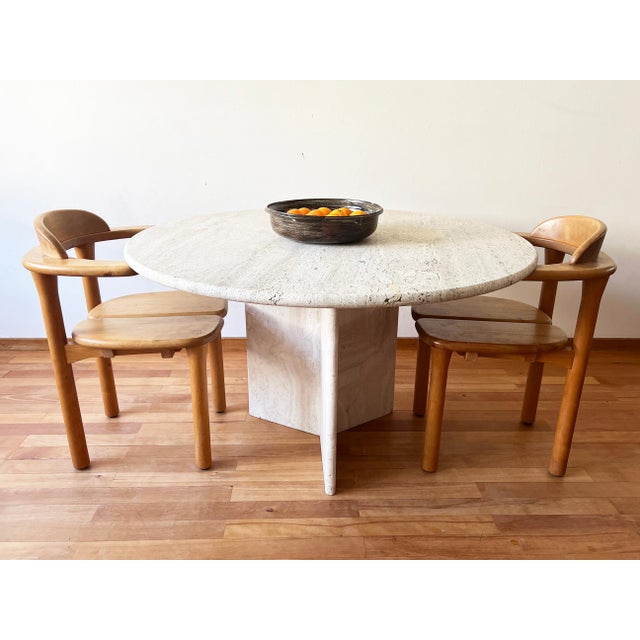 Postmodern 1970s Cream Off White Round Travertine Dining Table, Pedestal Base For Sale - Image 9 of 11