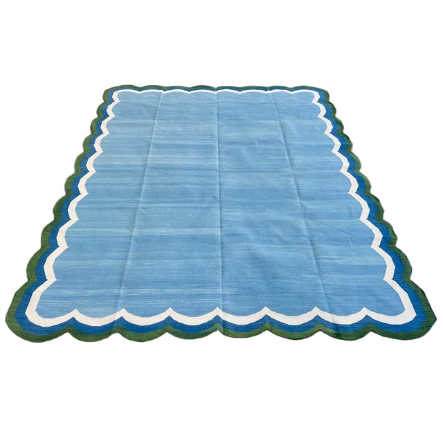 Not Yet Made - Made To Order Handmade Cotton Vegetable Dyed Scalloped Edge Rug Sky Blue With Forest Green Border - 10'x14' For Sale - Image 9 of 11