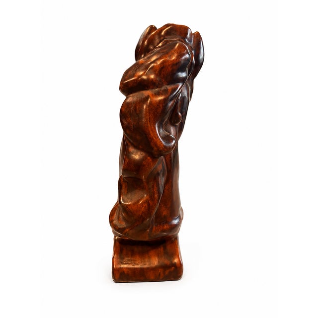 Striking vintage ceramic horse head bust sculpture featuring an elegant stylized profile and rich tortoiseshell-style...