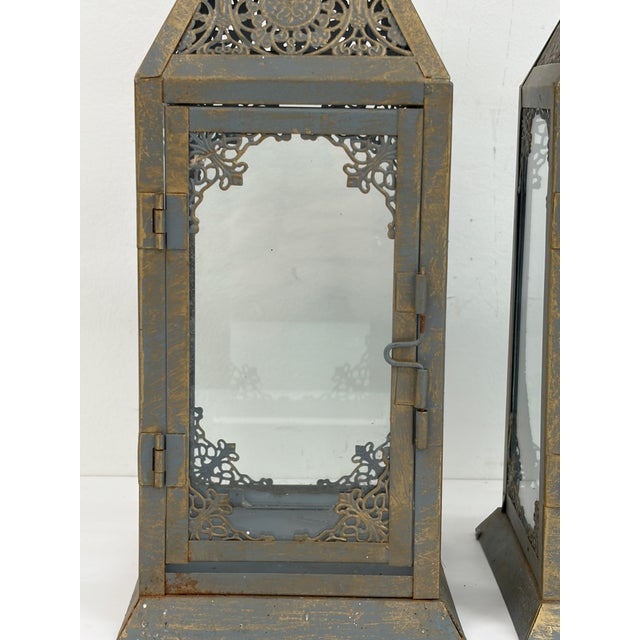 Metal Pair of Metal Lanterns With Glass Panels For Sale - Image 7 of 9