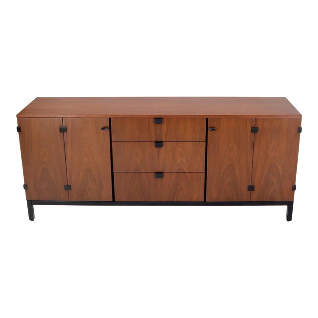 American Walnut 9 Drawers Two Doors Compartment Long Dresser Credenza Restored For Sale