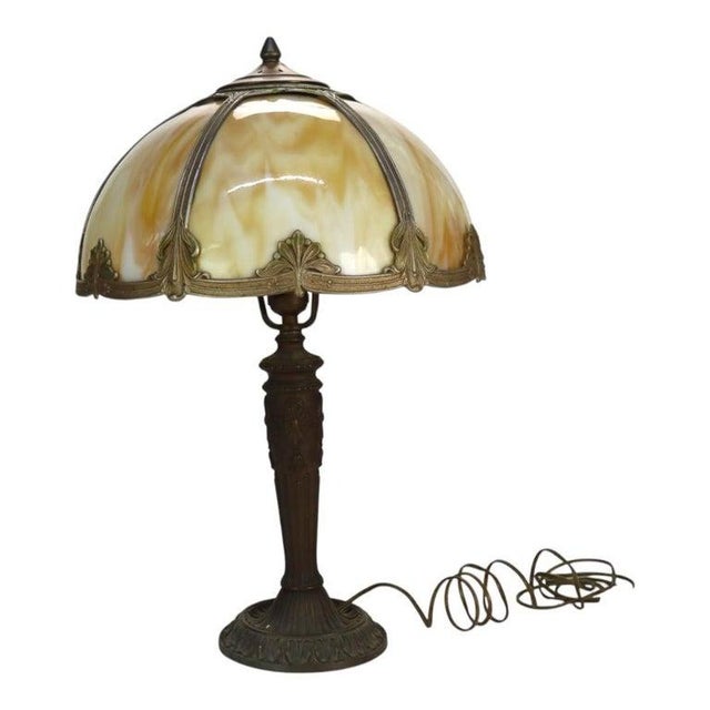 1920s Arts & Crafts Era Bradley & Hubbard Style 6-Panel Slag Glass Lamp For Sale - Image 12 of 14
