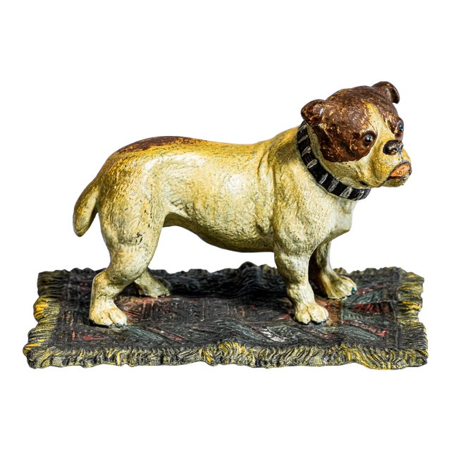 English Bulldog Figurine Antique Cold Painted Metal Dog Rug Statue Sculpture For Sale