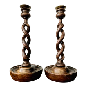 English Vintage Open Barley Twist Oak Wood Candlesticks Candle Holders - a Pair