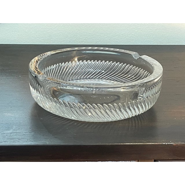 Vintage Mid-Century Modern Heavy Pressed Crystal Ashtray With Diagonal Ribbed Swirl Pattern, Marked by Mosser Glass (Usa) For Sale - Image 4 of 4