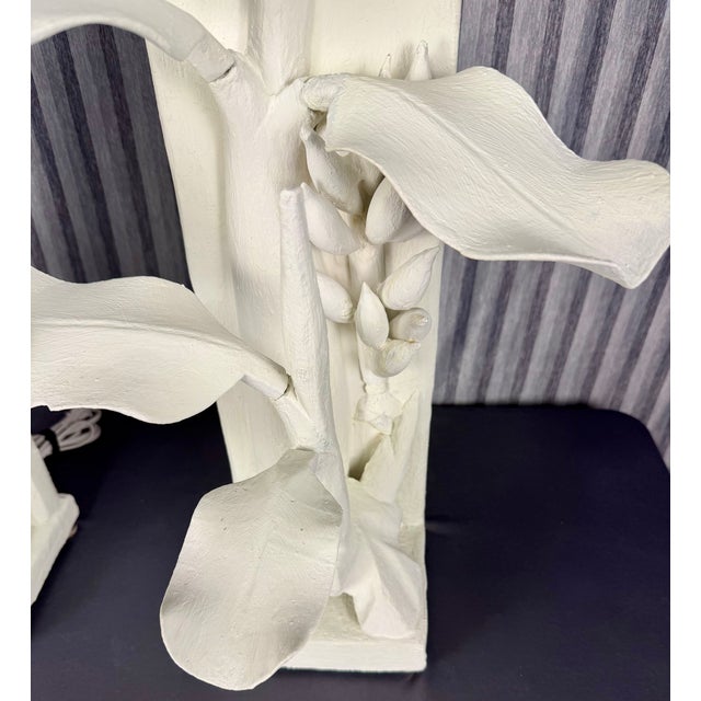 1990s Hand Carved Wood Banana Plant Lamps Finished in White Plaster - A Pair For Sale - Image 4 of 14