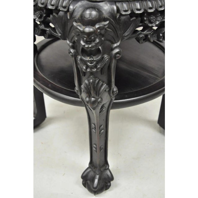 Wood Antique Oriental Chinese Carved Hardwood Marble Top Foo Dog Side Table For Sale - Image 7 of 11