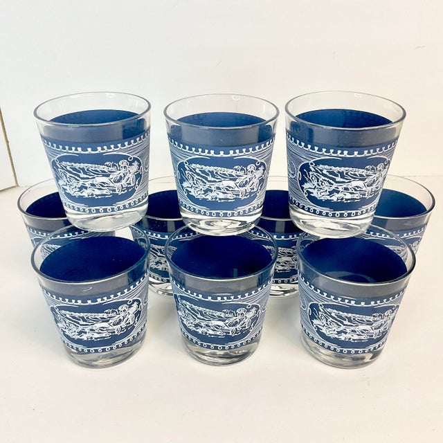 Mid-Century Modern Mid-Century Americana Currier & Ives French Blue Old Fashion Lowballs Glasses - Set of 10. For Sale - Image 3 of 10