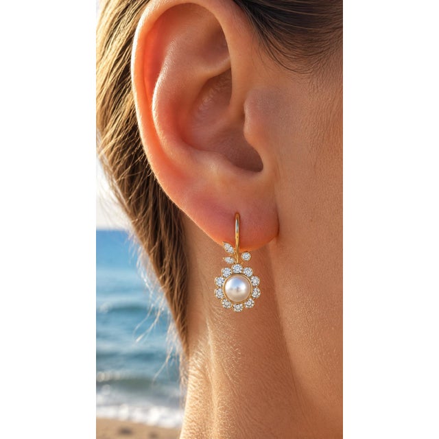 Metal Art Nouveau Pearl Flower and Leaf Drop Earrings, Silver, Gold, Pair For Sale - Image 7 of 7