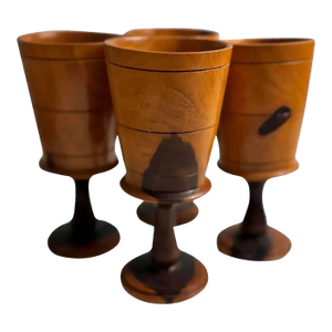 1960s Hand Turned Mixed Wood Goblets Set of 4, Artisan Studio