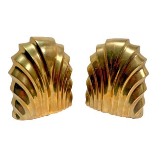 Set of 2 Vintage Art Deco Style Solid Brass Scalloped Bookends Non-Slip For Sale
