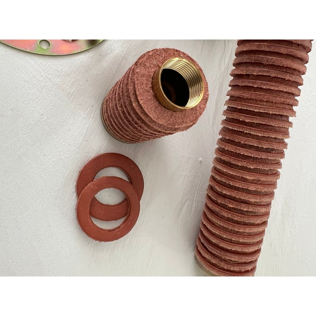 One of a Kind Artisan Wall Sconce Aged Brass Brown Stacked Leather Disks For Sale - Image 10 of 13