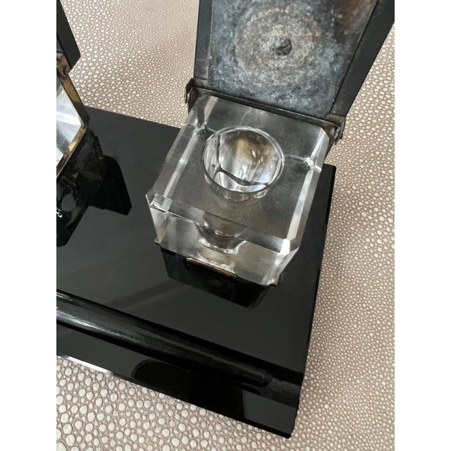 Black Glass Ink Well with Brass Accents, Crystal Wells and Dipping Pen For Sale - Image 12 of 12