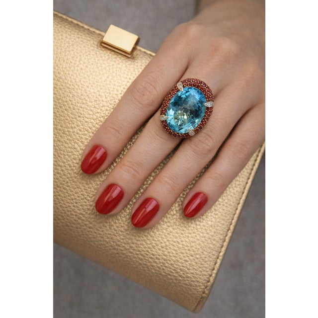 Late 20th Century Bochic “Orient” Vintage Ruby & Blue Topaz Ring - 18K Gold & Silver Circa “90s” For Sale - Image 5 of 14