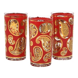 Vintage Culver Red Paisley Highball Bar Glasses, 22k Gold - Set of 3 For Sale