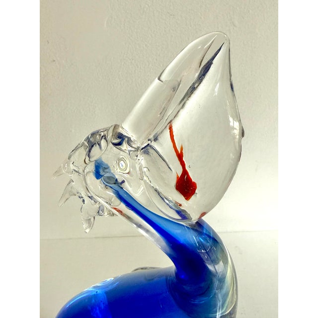 Late 20th Century Blown Glass Blue Pelican Art Sculpture With Red Fish, Murano Style For Sale - Image 5 of 7