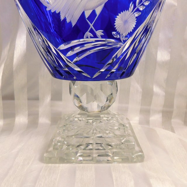 1940s 1940s Very Large Blue Cut to Cear Vase With Peacock Design For Sale - Image 5 of 11