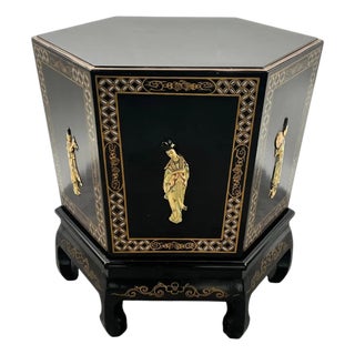 Asian Black Lacquer Hexagonal Side Table With Hand-Painted Gold & Figural Pane For Sale