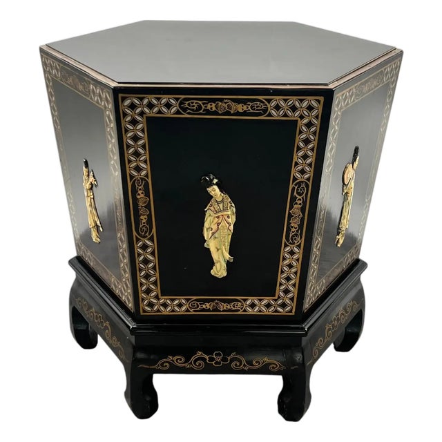 Asian Black Lacquer Hexagonal Side Table With Hand-Painted Gold & Figural Pane For Sale