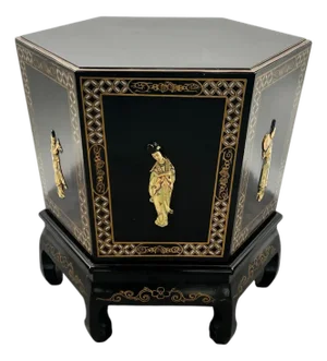 Asian Black Lacquer Hexagonal Side Table With Hand-Painted Gold & Figural Pane