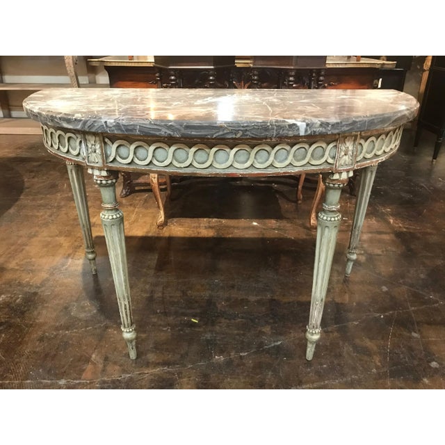 Beautiful original 18th century. French demilune console. Nicely carved with original paint finish and original thick grey...