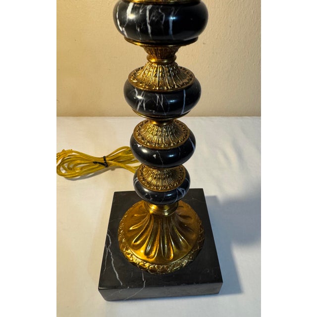 Metal Hollywood Regency Stacked Black Marble Antique Gold Acanthus Table Lamp For Sale - Image 7 of 12