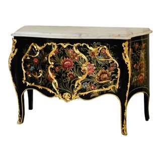 French Louis XV Floral Bombe Chest – Ornate Marble Top Dresser With Gilded Gold Leaf Details For Sale