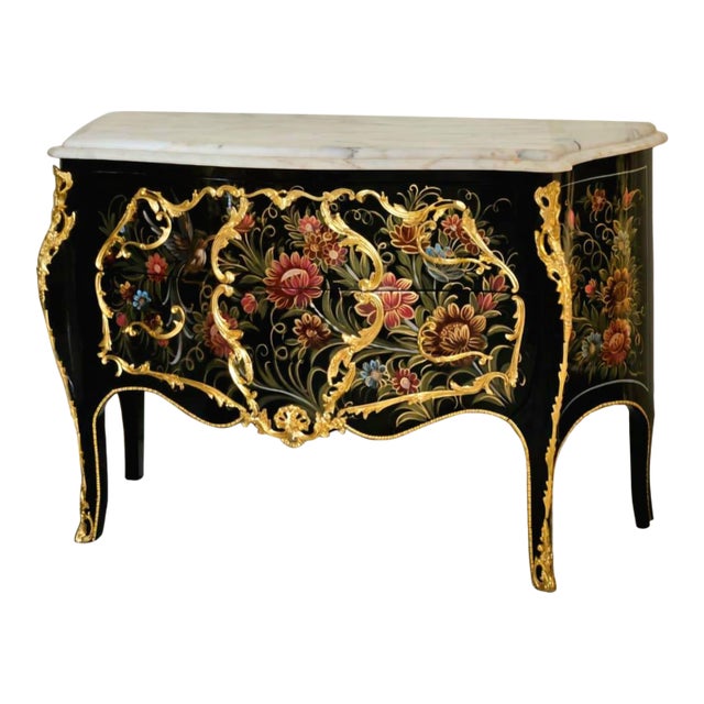 French Louis XV Floral Bombe Chest – Ornate Marble Top Dresser With Gilded Gold Leaf Details For Sale