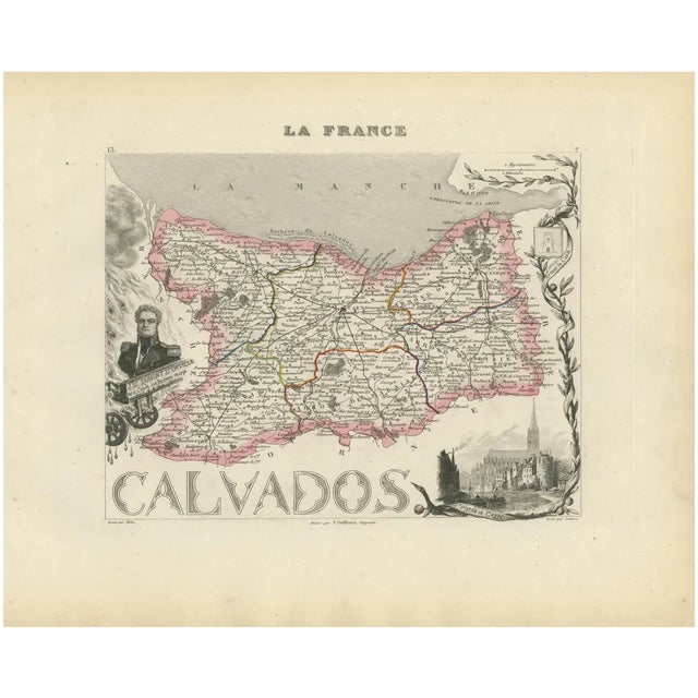 Map of Calvados France with Caen and Cider-Brandy Region, 1800s For Sale